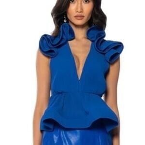 AKIRA Royal Blue Short Sleeve Ruffle Top with Pleating size Large Formal 1279